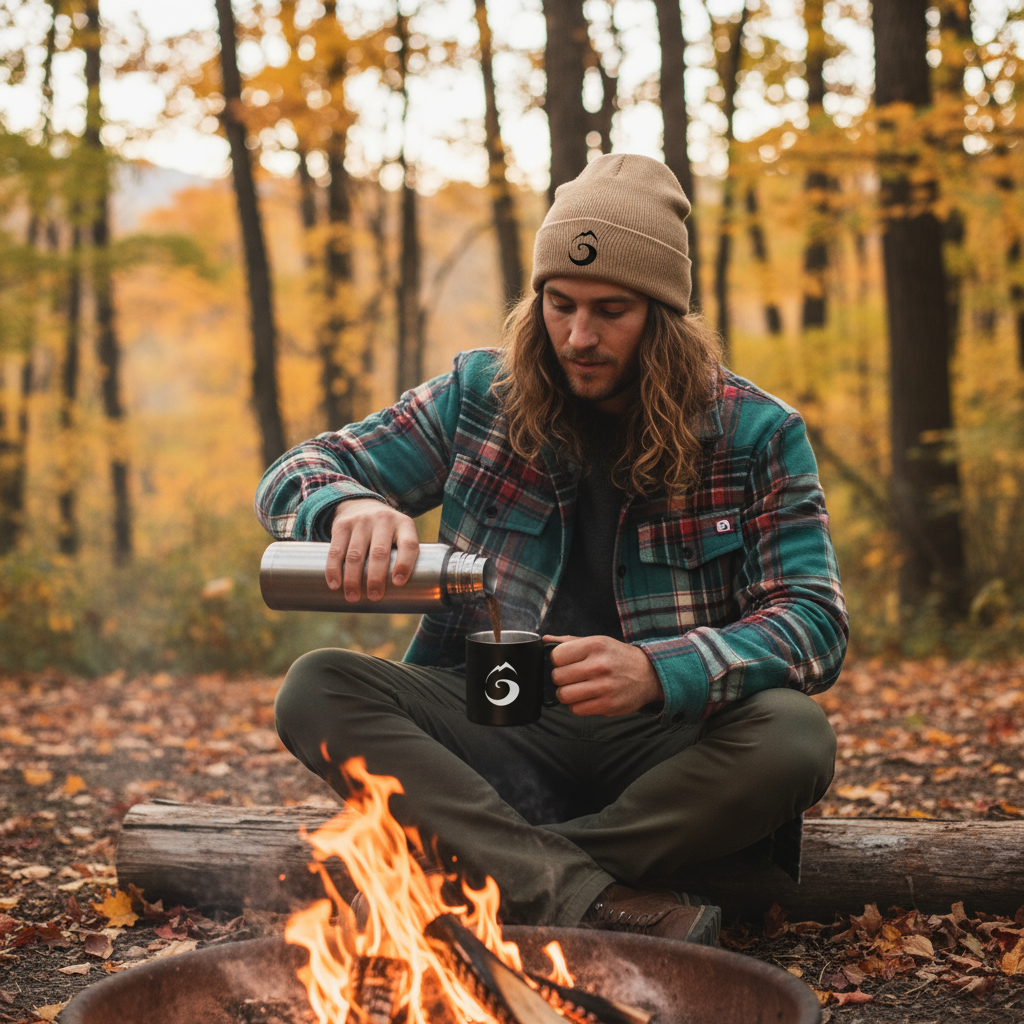 Homme cheveux longs au feu de camp