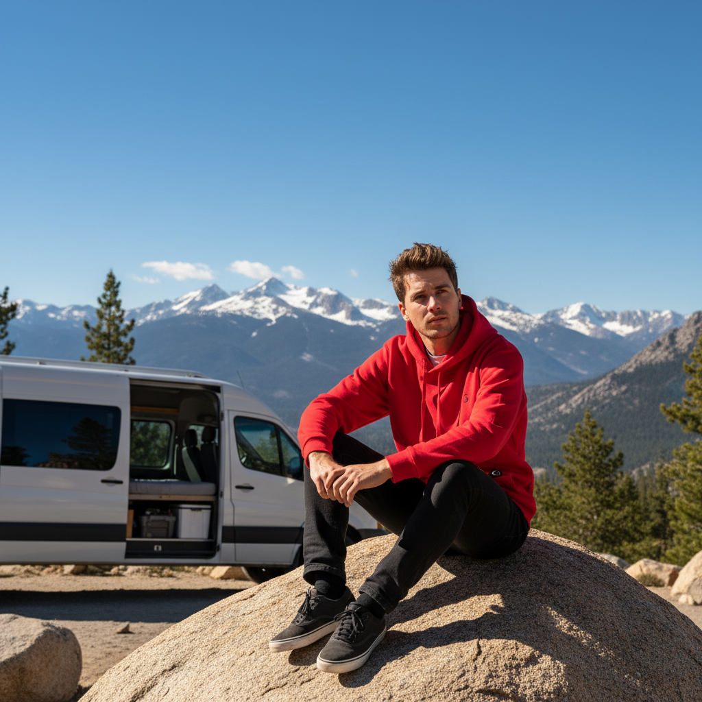 Jeune homme en sweat rouge près d'un van