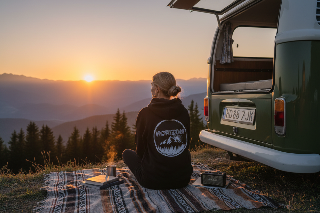 Assise sur couverture au coucher de soleil