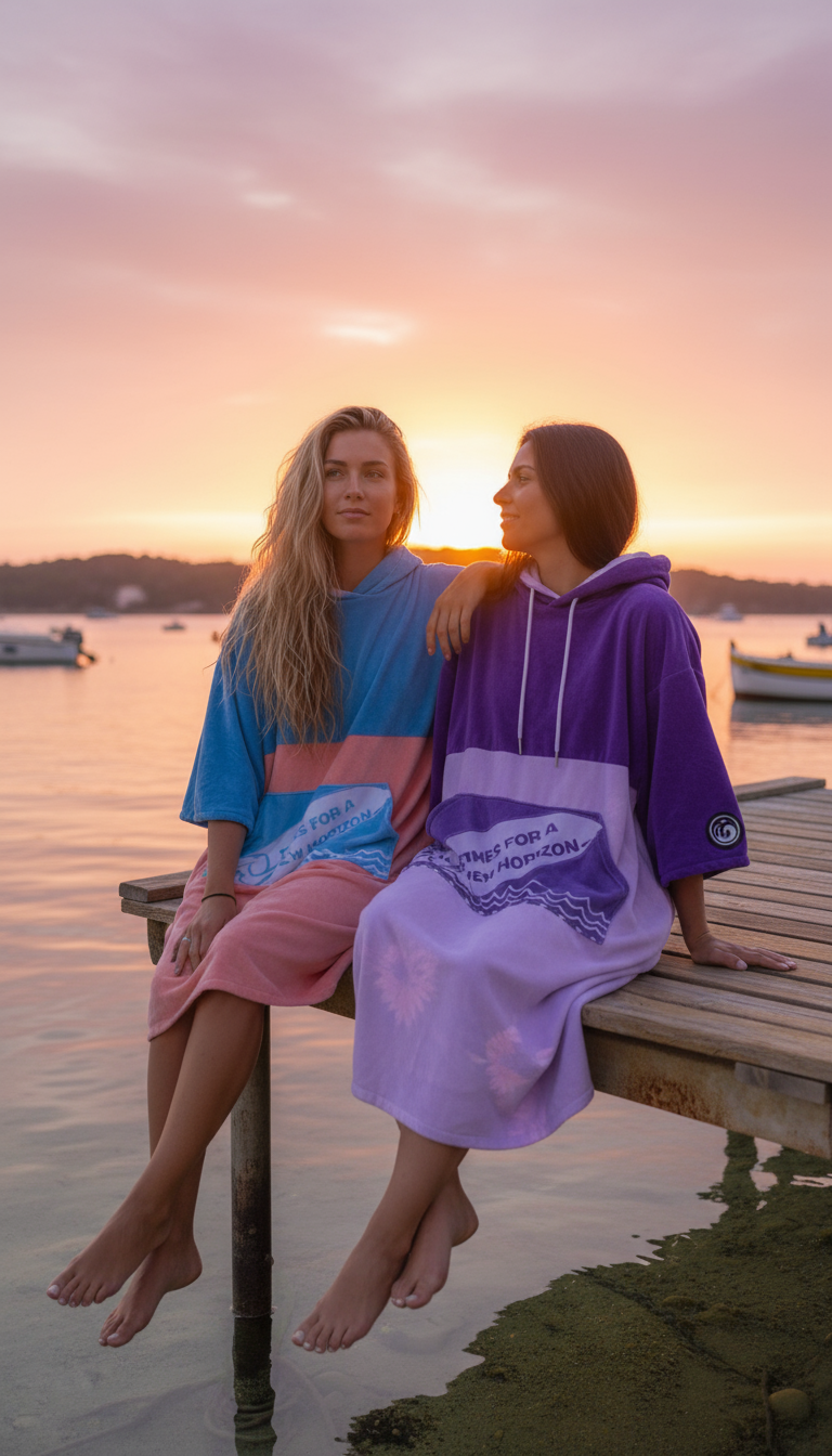 Blonde et brune profitant du moment sur bateau avec ponchos