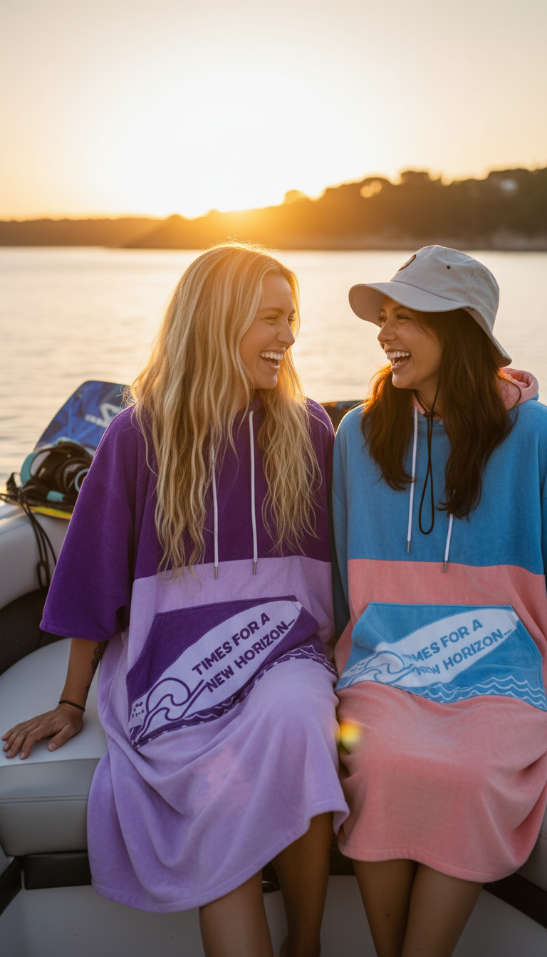 Blonde et femme asiatique sur bateau de wakeboard avec ponchos