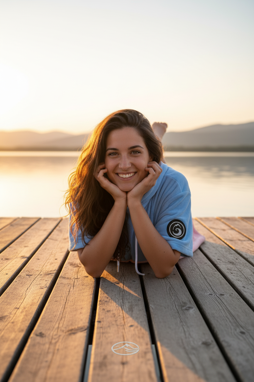 Brune allongée sourire poncho réel