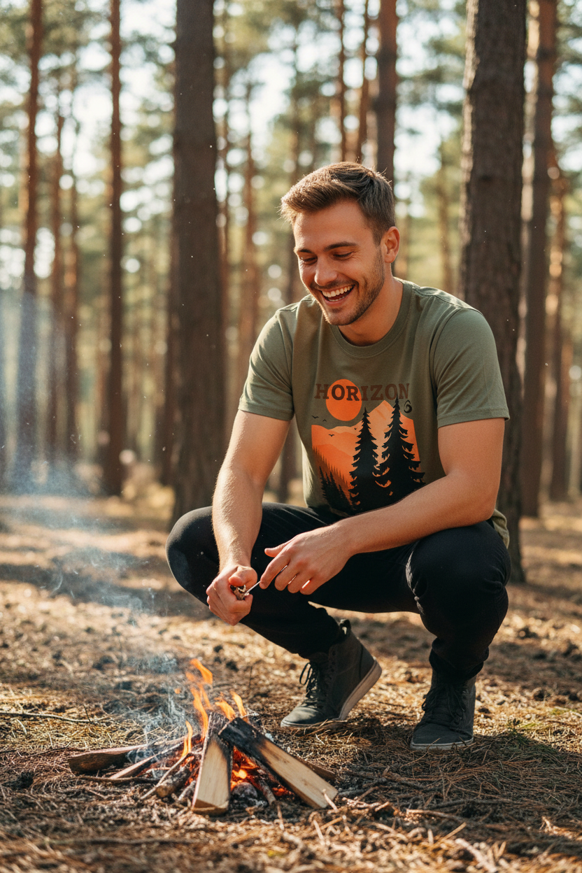 Candid - allumage du feu, rires