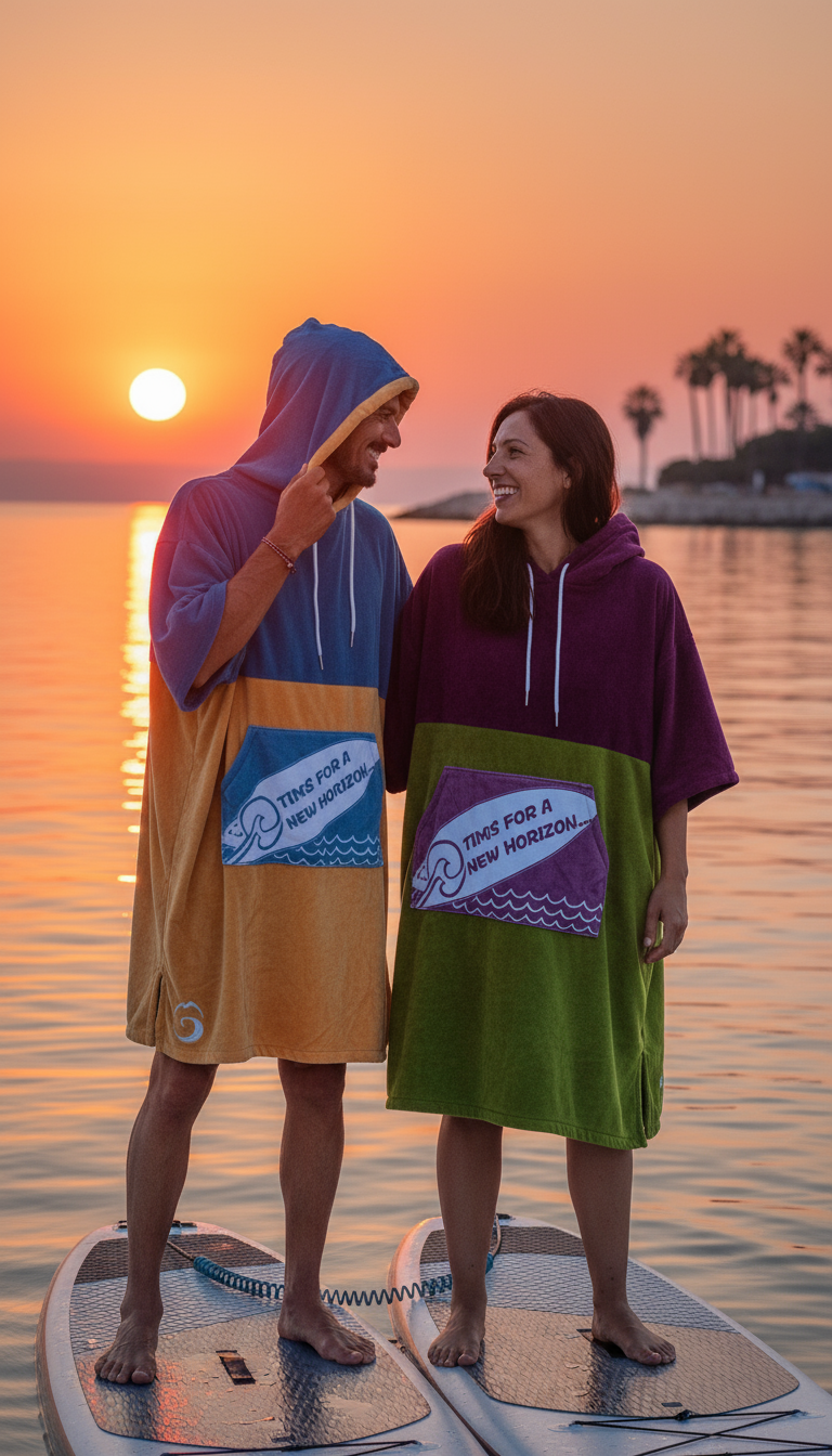 Couple souriant sur paddle avec ponchos