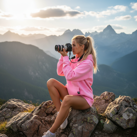 Femme blonde en sweat rose avec appareil photo
