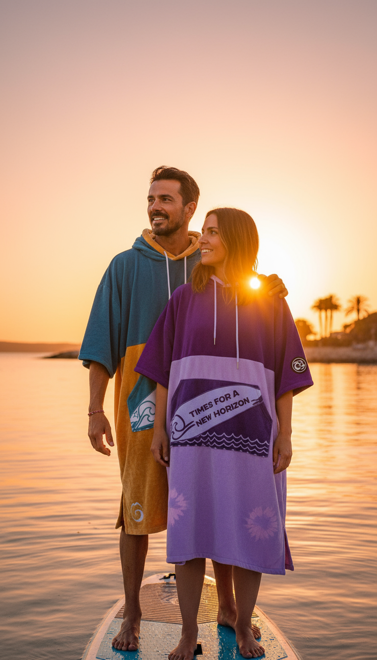 Gros plan couple sur paddle avec ponchos Time for a new horizon