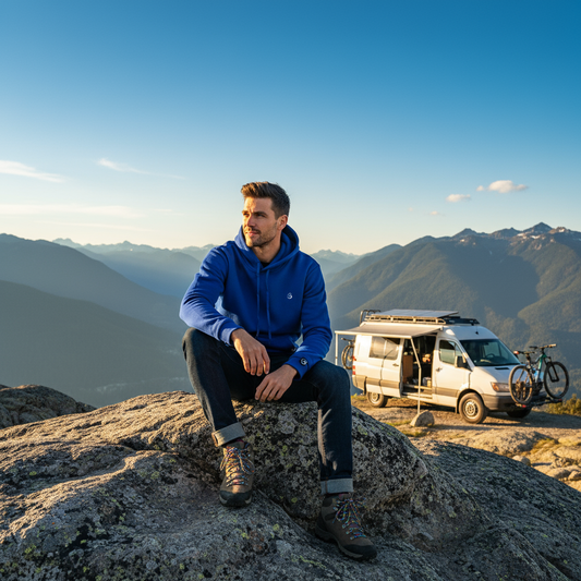 Homme en sweat bleu près d'un van - lumineux