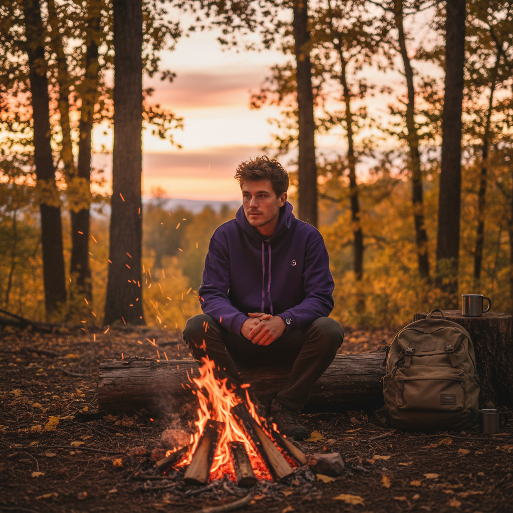 Homme en sweat violet près du feu de camp