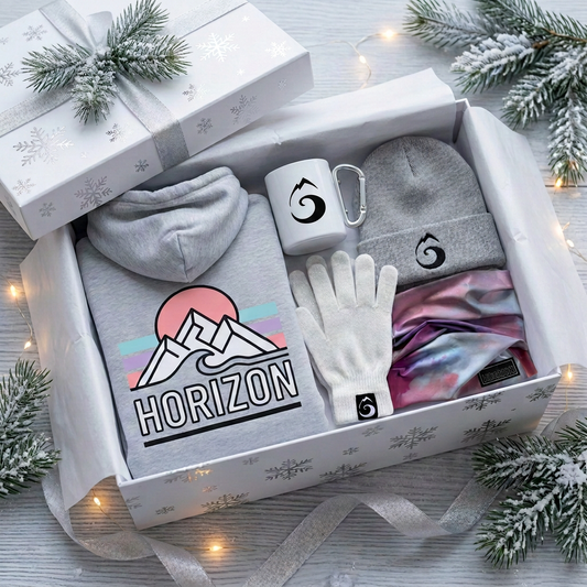 Exemple de coffret neige HORIZON avec hoodie gris, mug blanc, bonnet gris, gants blancs et tour de cou