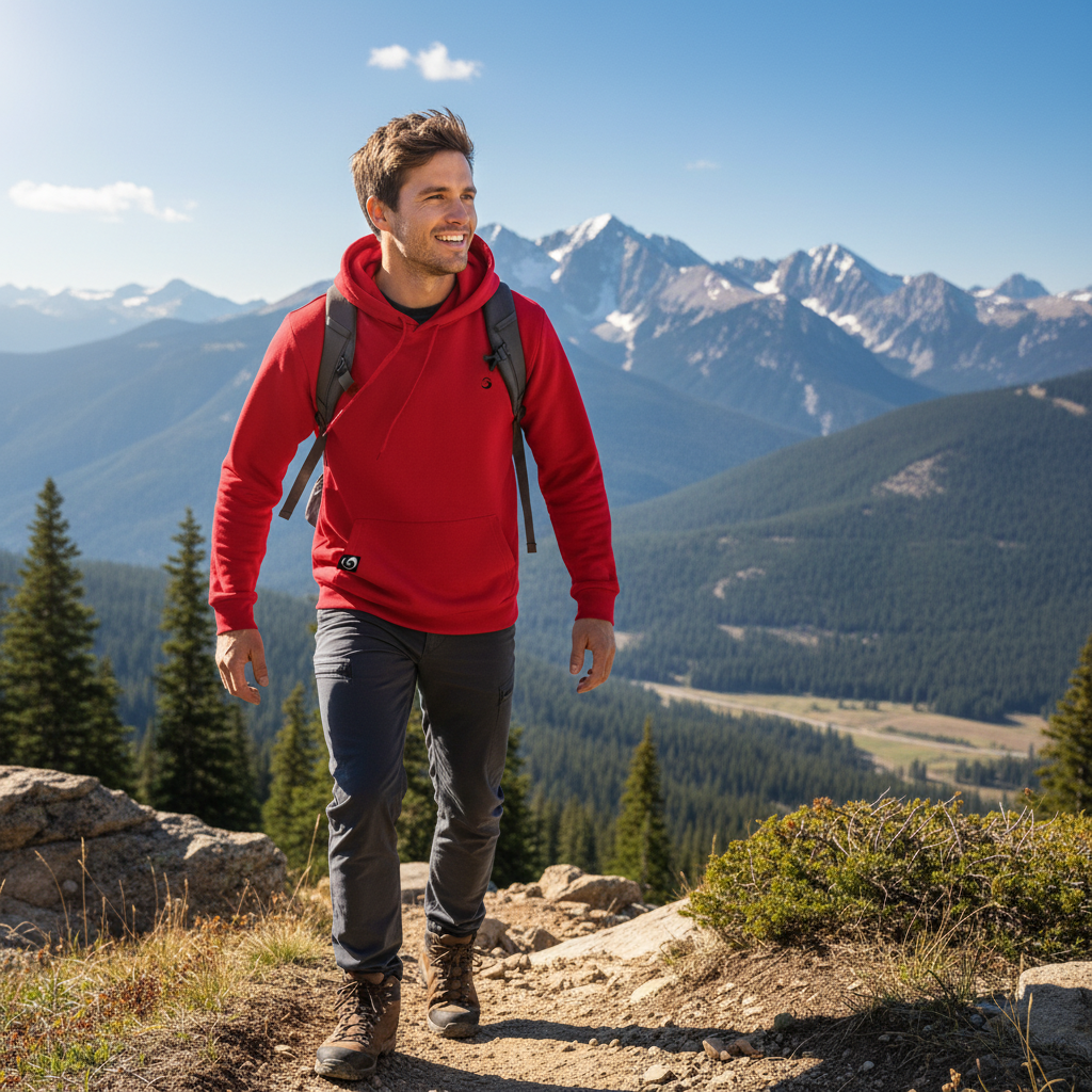 Jeune homme en sweat rouge en randonnée