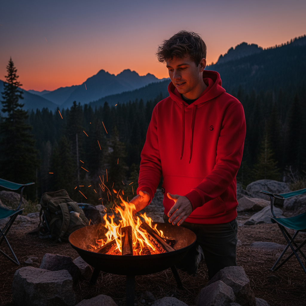 Jeune homme en sweat rouge se réchauffant au brasero