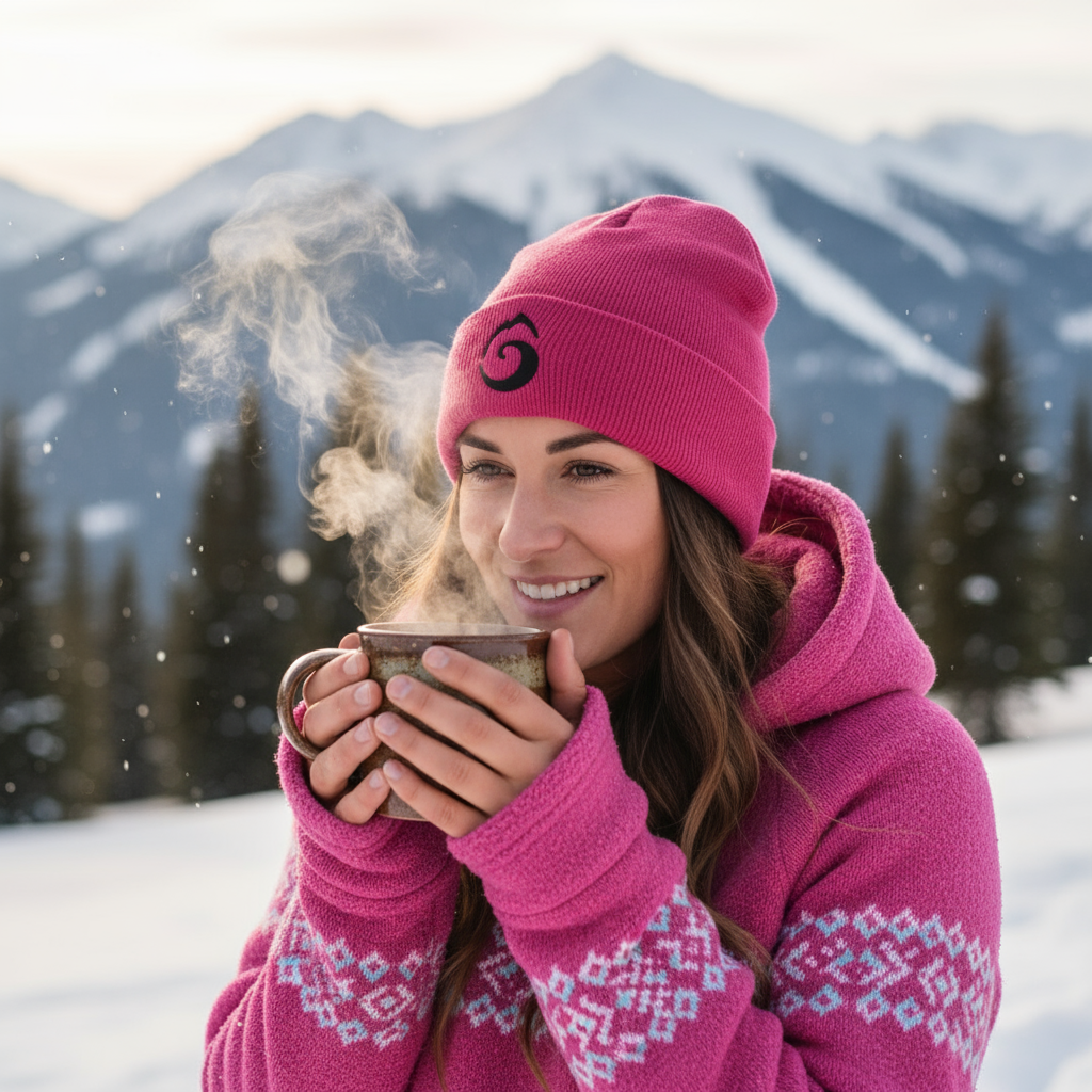 Mannequin avec hoodie et bonnet Salmon avec mug fumant en montagne