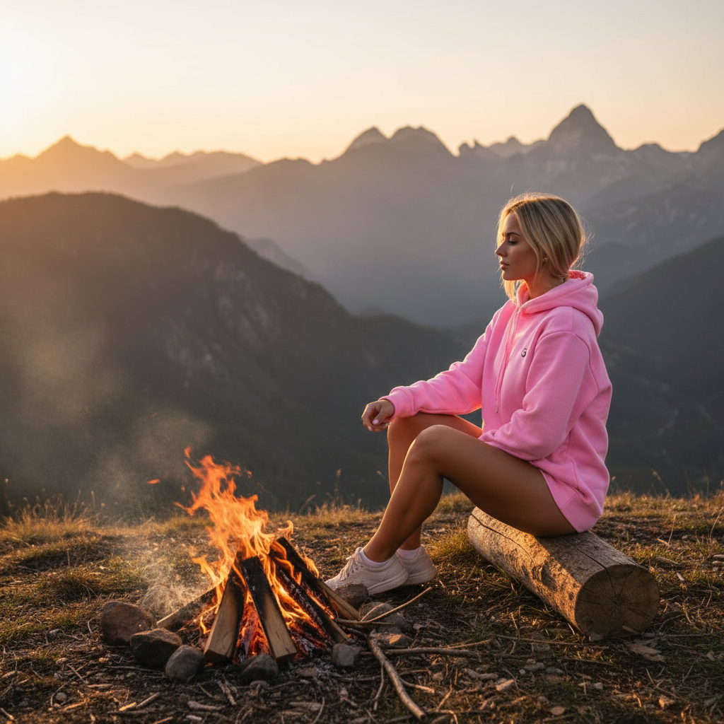 Mannequin blonde près d'un feu de camp