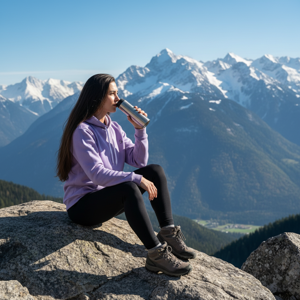 Mannequin brune assise avec thermos