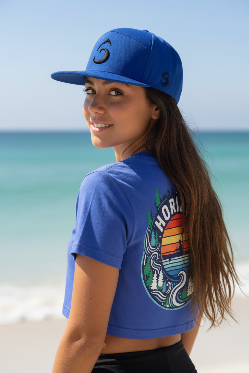 Mannequin fille top bleu casquette logo côté
