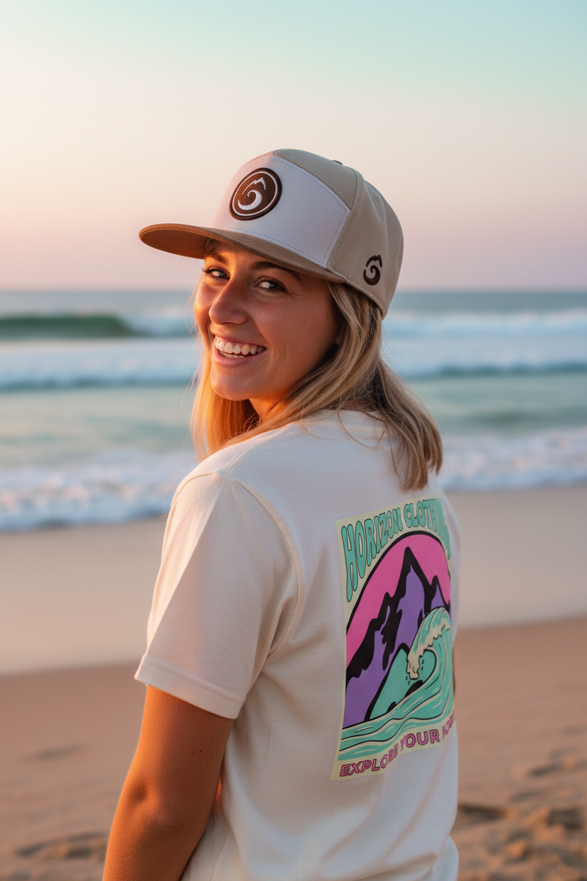 Shot 2 — Tête tournée sourire candide, plage pastel en fond