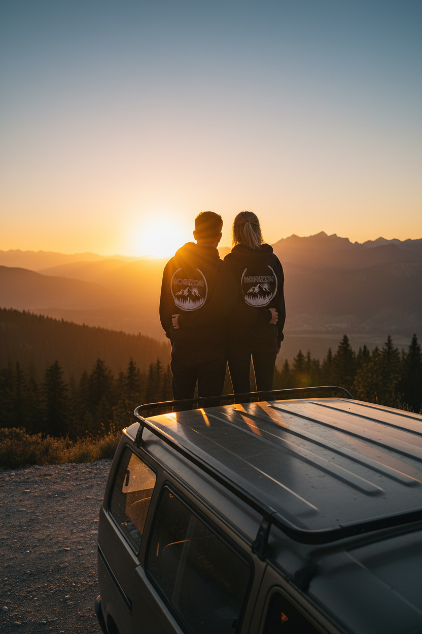 Sur le toit du van au lever du soleil