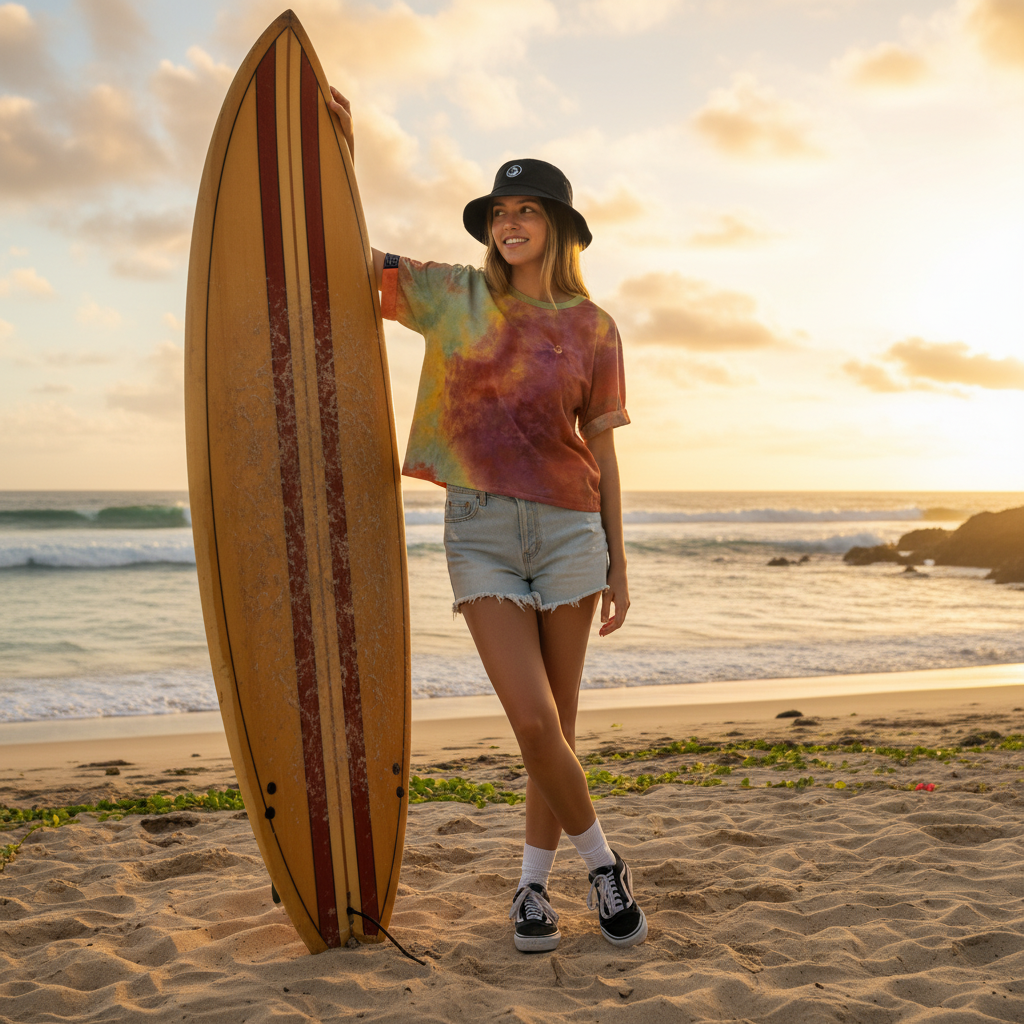 Surfeuse avec t-shirt tie-dye multicolore et bob noir