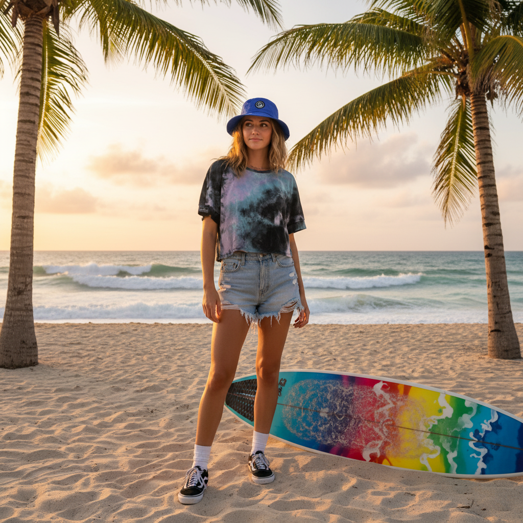 Surfeuse avec t-shirt tie-dye noir et bleu crop