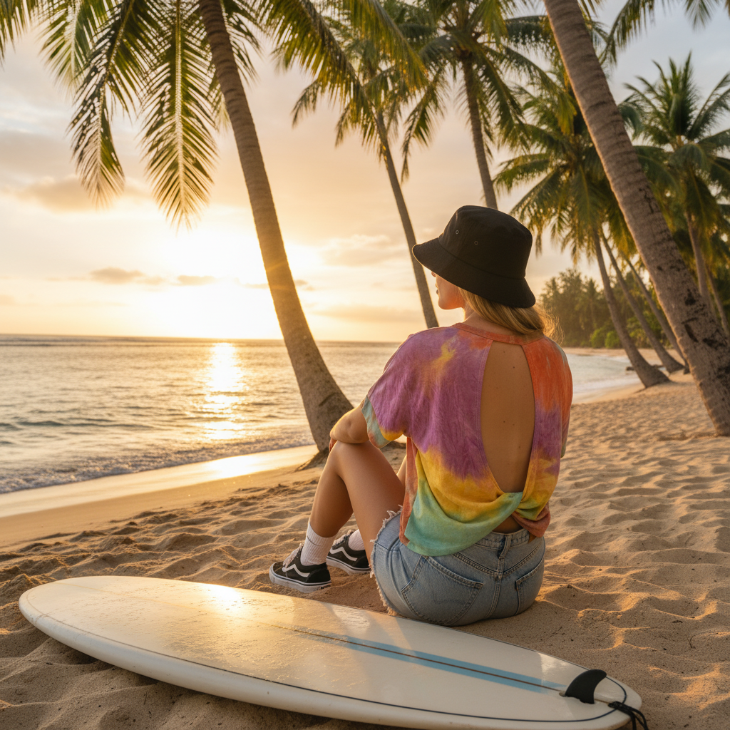 Vue de dos - T-shirt tie-dye multicolore avec bob noir