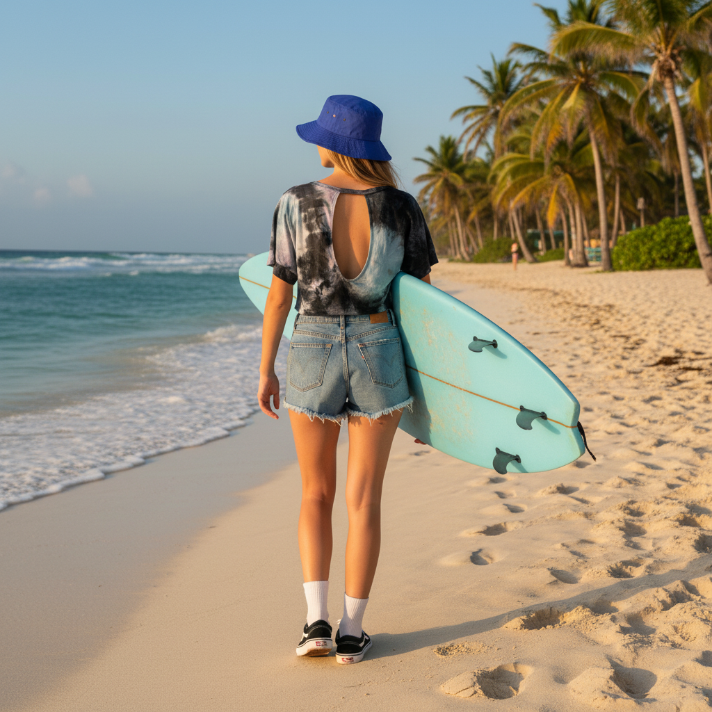 Vue de dos - T-shirt tie-dye noir et bleu avec bob bleu